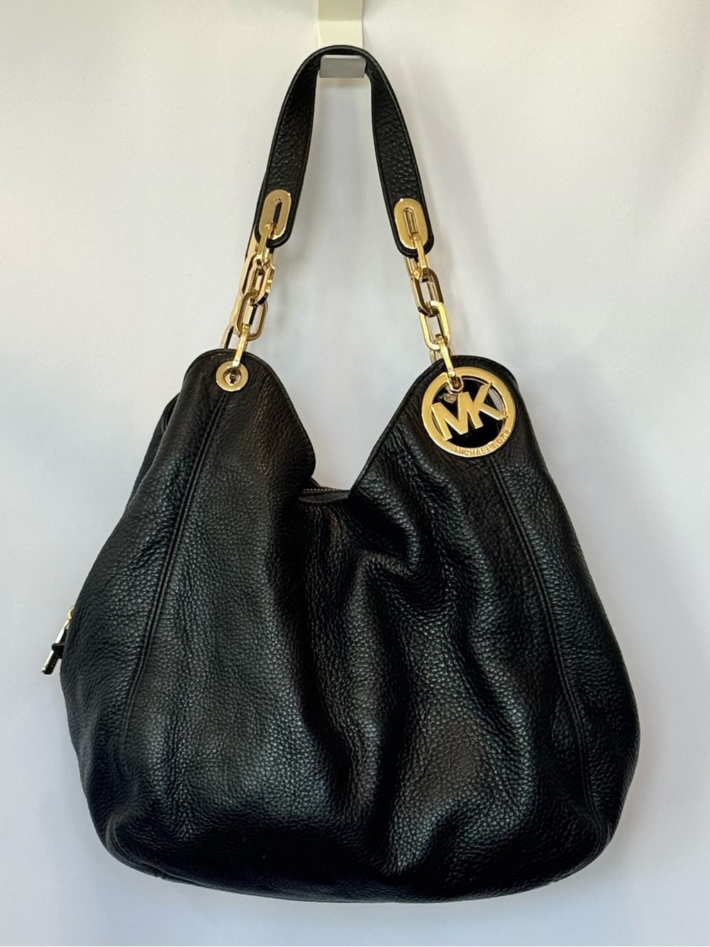 Michael Kors Fulton Black Pebbled Leather Hobo with Gold MK Charm